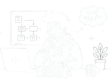 Krushn at his desk with a flowchart and idea thought bubble